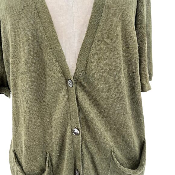 Eileen‎ Fisher Cardigan Sweater Knit Short Sleeve Linen Silk Olive Green Large - Picture 3 of 9